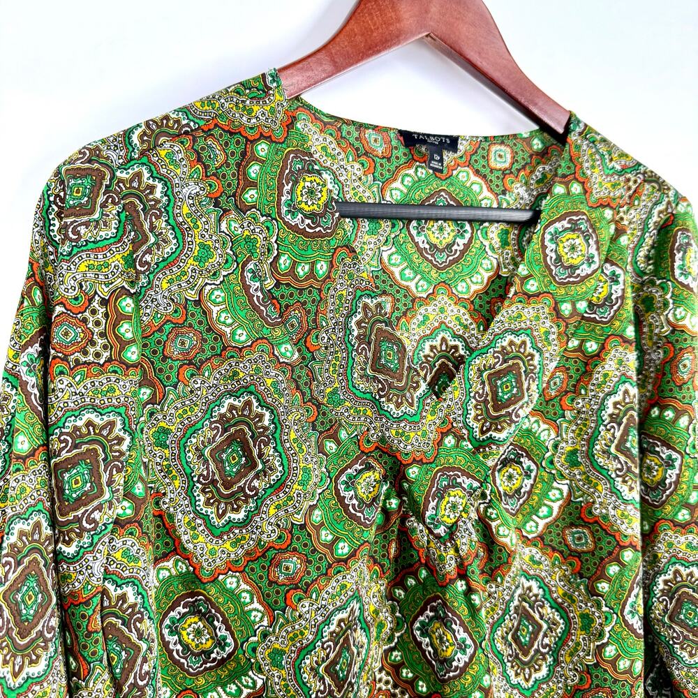 Talbots Sz 12P Petite Silky Green Orange Formal Business Blouse Shirt Top Artsy - Picture 3 of 8